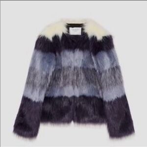Zara Women's Faux Fur Jacket - Blue, Black, Gray, and Cream/White